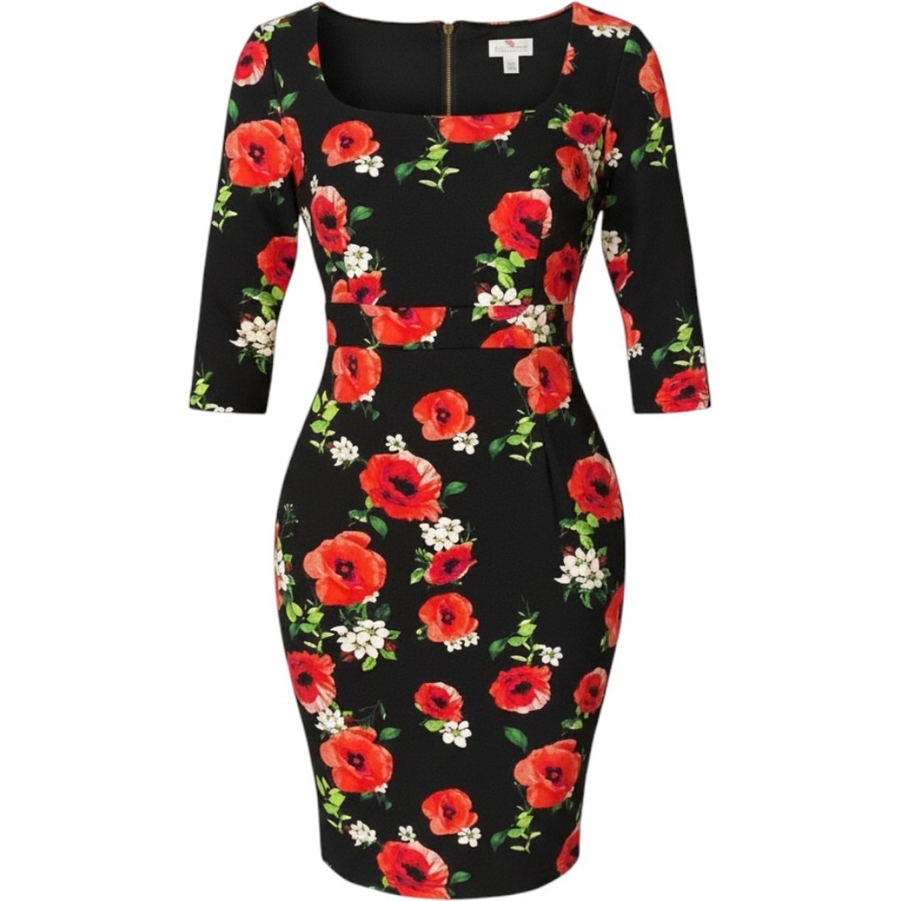 Michelle Bohbot Bisou Bisou Women Dress 14 L Red Roses Quarter Sleeve Pencil